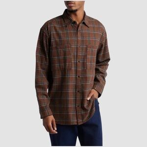 BP. Brown-Grey Jonnie Plaid Cotton Flannel Button-Up Shirt, Small